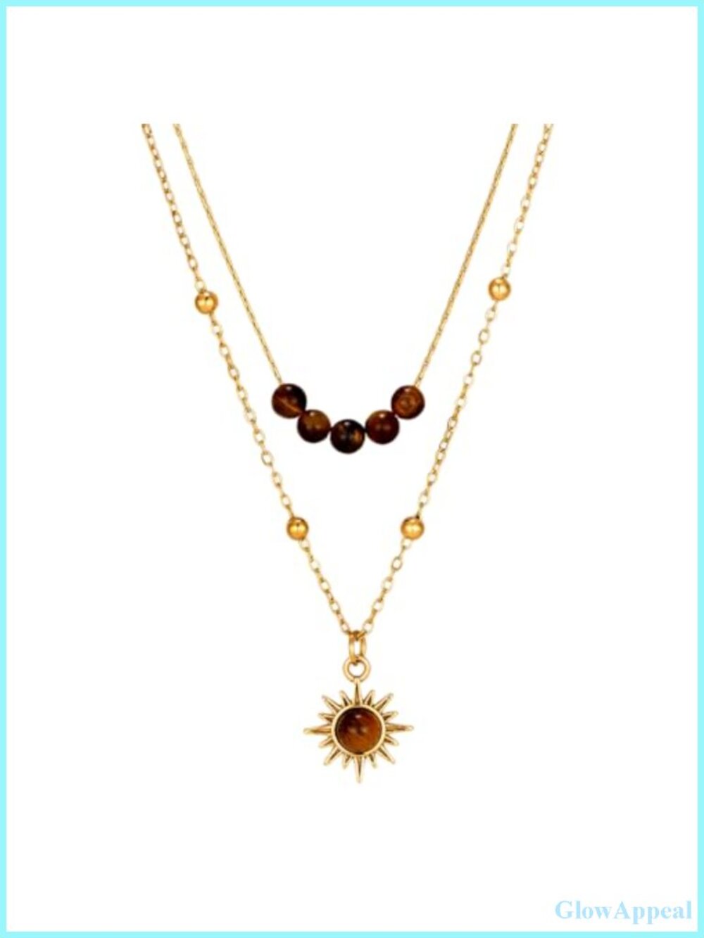 Tigers Eye Beaded Choker Sun Pendant Layered Necklace 14K Gold Plated